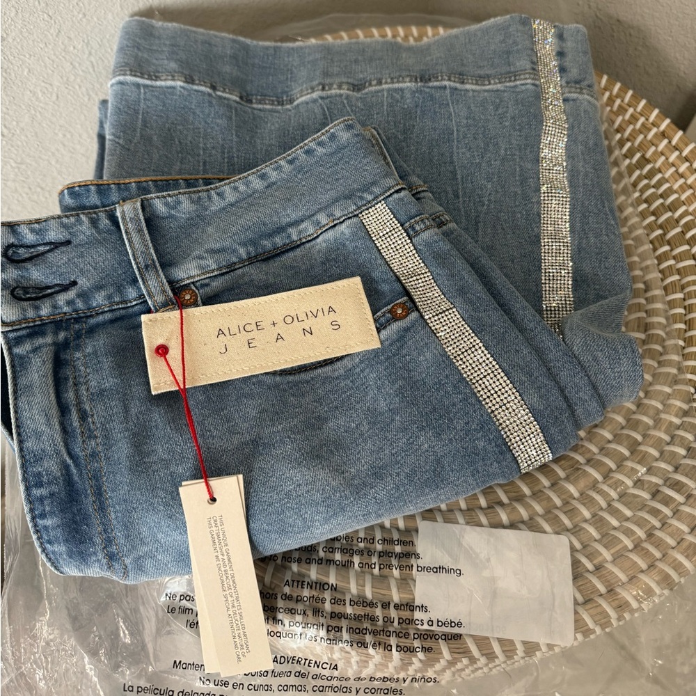 Alice & Olivia MISSA HIGH RISE WIDE LEG CRYSTAL SIDE JEAN